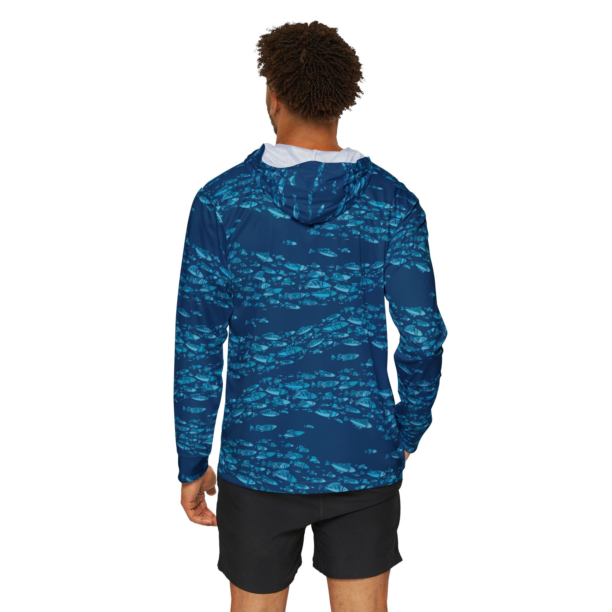 Deep Blue Schooling Fish — Unisex Fishing Pullover Hoodie (SPF 50+)