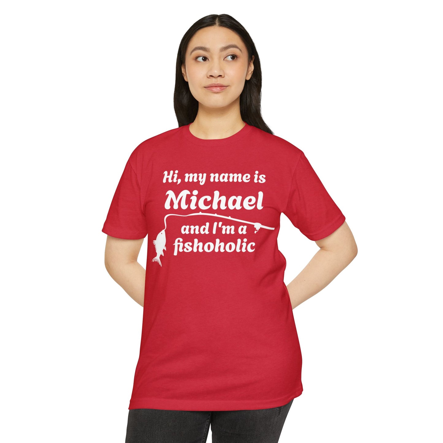 Hi, my name is [YOUR NAME] and I’m a fishoholic — Unisex Cotton-Poly Blend T-Shirt (Customizable)