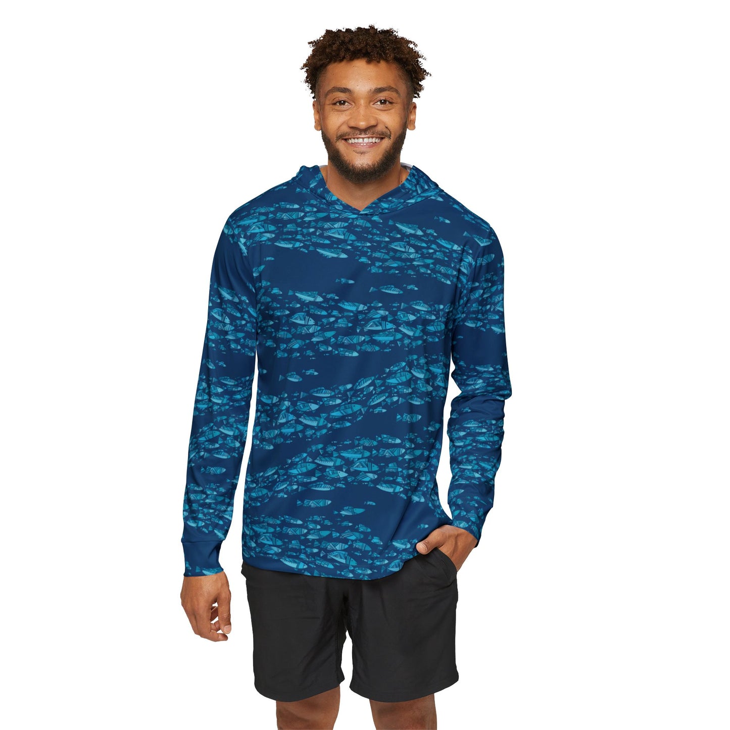 Deep Blue Schooling Fish — Unisex Fishing Pullover Hoodie (SPF 50+)