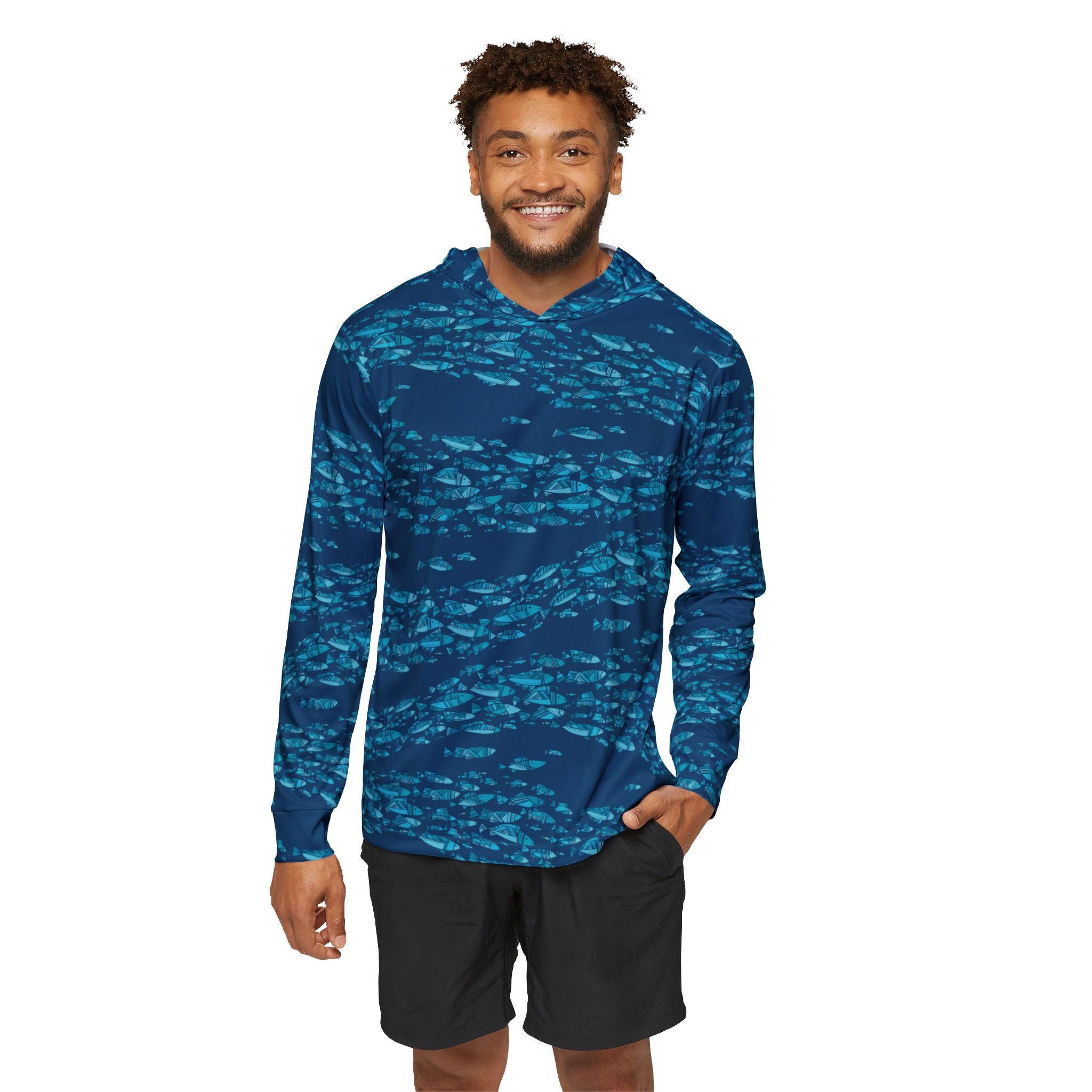 Deep Blue Schooling Fish — Unisex Fishing Pullover Hoodie (SPF 50+)