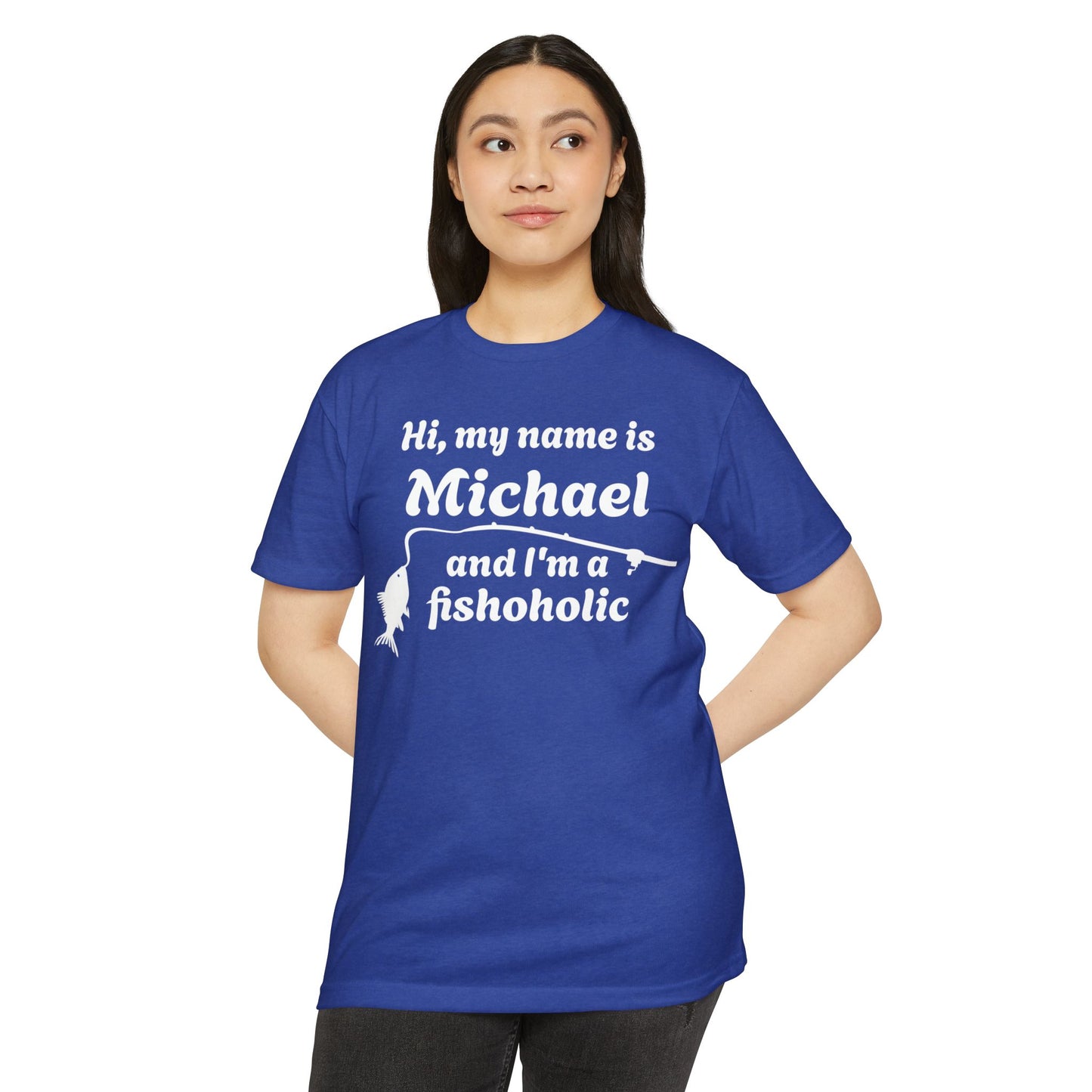 Hi, my name is [YOUR NAME] and I’m a fishoholic — Unisex Cotton-Poly Blend T-Shirt (Customizable)