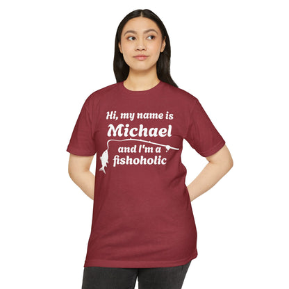Hi, my name is [YOUR NAME] and I’m a fishoholic — Unisex Cotton-Poly Blend T-Shirt (Customizable)