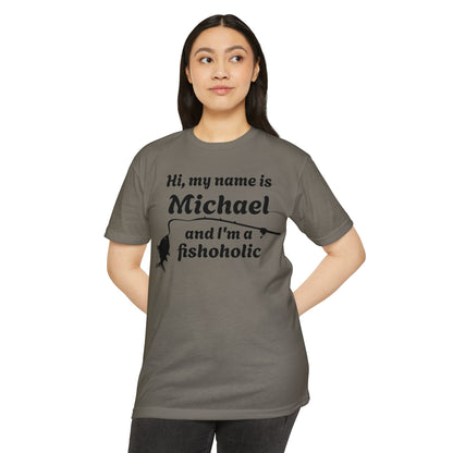 Hi, my name is [YOUR NAME] and I’m a fishoholic — Unisex Cotton-Poly Blend T-Shirt (Customizable)