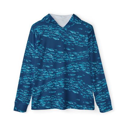 Deep Blue Schooling Fish — Unisex Fishing Pullover Hoodie (SPF 50+)